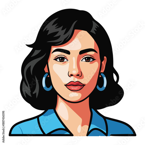 A cartoon woman with dark hair and blue earrings