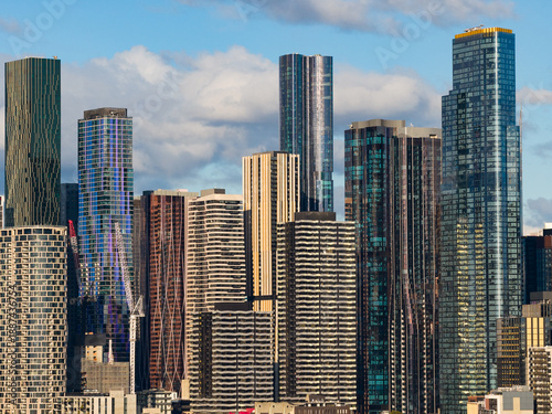 Close up aerial view of high rise buildings and towers in a major city CBD