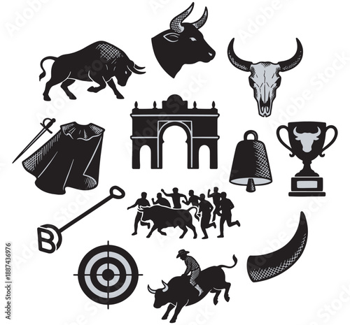 A collection of black and white vector icons and silhouettes depicting various elements related to bullfighting, rodeo, and Spanish culture, including bulls, matador gear, and traditional symbols.