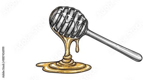 Color illustration of classic wooden honey dipper with thick golden honey dripping and pooling on surface against plain white background.