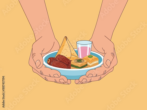 Hands holding a plate of food and drink.