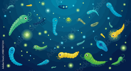 Colorful Microorganisms in Dark Blue Environment.