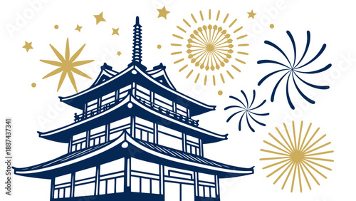 JAPANESE PAGODA CELEBRATION: Fireworks and Stars over Traditional Temple in Blue and Gold Flat Vector Style