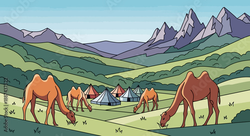 Camels Grazing in Mountainous Landscape.