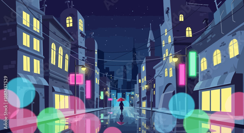 Cityscape at Night with Neon Lights.