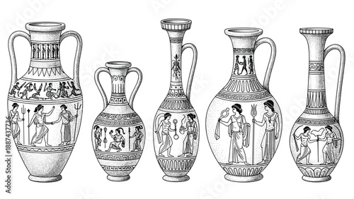 Detailed hand drawn sketches of five different ancient Greek vases with traditional mythological scenes and patterns on white background.