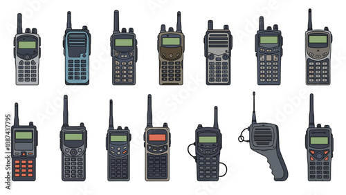 Comprehensive collection of fourteen different walkie talkie models and portable radio transceivers for communication equipment design.
