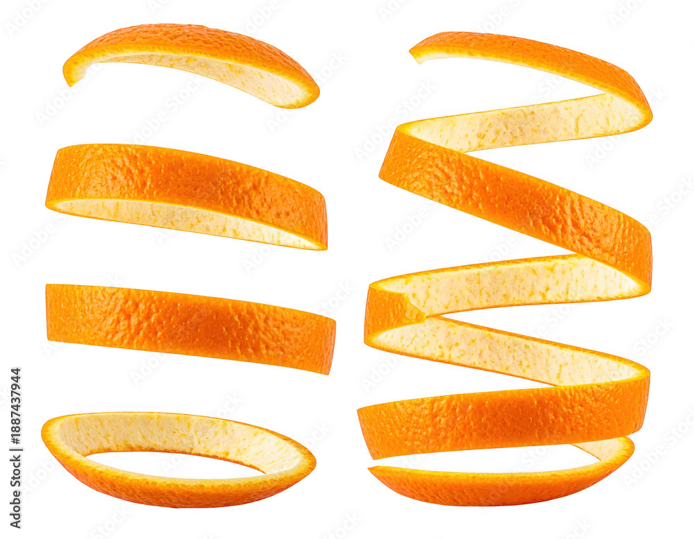 Obraz premium Two views of a fresh orange peel spiraled in a continuous curl. Isolated on transparent background.