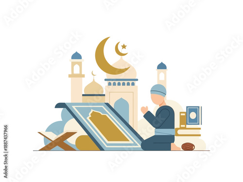 Man Reading Quran Kneeling with Mosque.