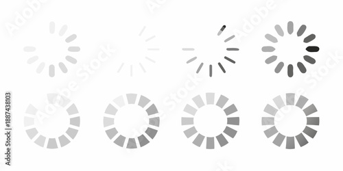 A set of grayscale circular loading indicators showing different stages of progress