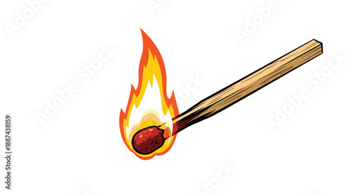 Detailed color illustration of a lit wooden matchstick with bright orange and yellow flame against a clean white background for fire concepts.