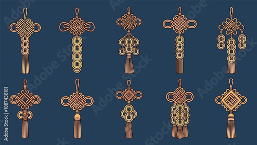 Traditional Chinese knots with ancient coins and tassels for good luck and prosperity for lunar new year celebration on blue background.