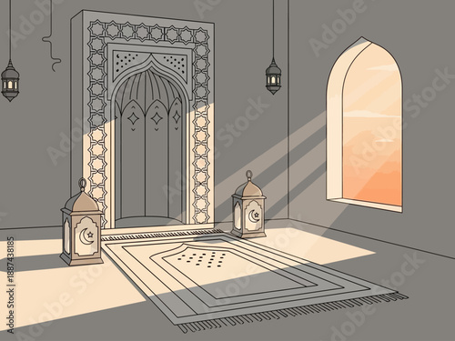 Islamic Prayer Room with Ornate Door.