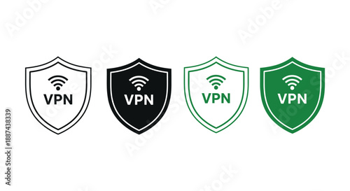 Set of four virtual private network security shield icons showing wireless connection