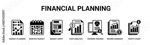 Financial Planning web banner icon vector illustration concept with icon of budget planning, monthly budget, budget sheet, cost analysis, expense tracker, income summary, profit chart. 