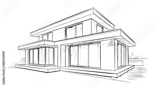 Modern house sketch in minimalist style with clean lines and white background for architectural design