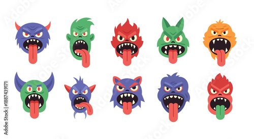Colorful Cartoon Monster Faces Collection.