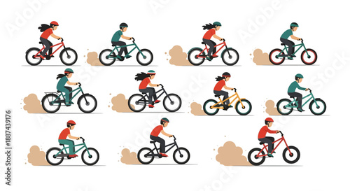 Cyclists Riding Bicycles in Various Poses.