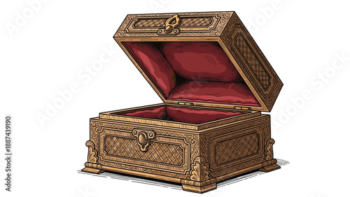 Vintage open wooden treasure chest with red velvet lining for pirate lore, hidden gold, and secret storage concepts.