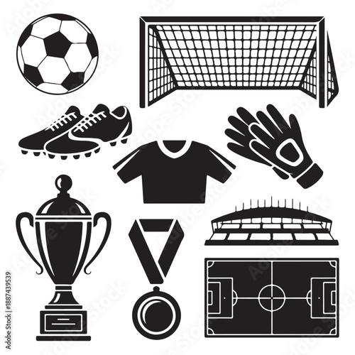 Complete Soccer Vector Illustration Set – Ball, Goal, Jersey, Boots, Trophy & Stadium
