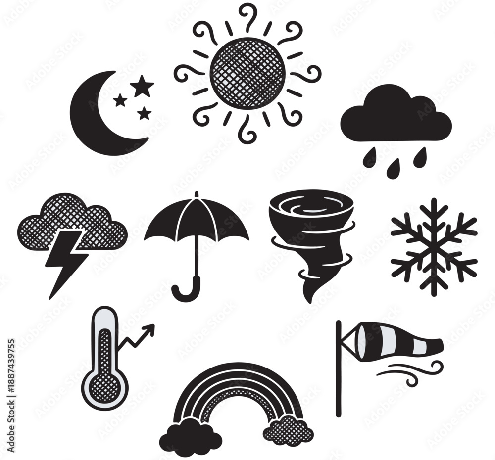 Naklejka premium Collection of hand-drawn weather icons including sun, moon, stars, clouds, rain, lightning, umbrella, tornado, snowflake, thermometer, rainbow, and windsock.