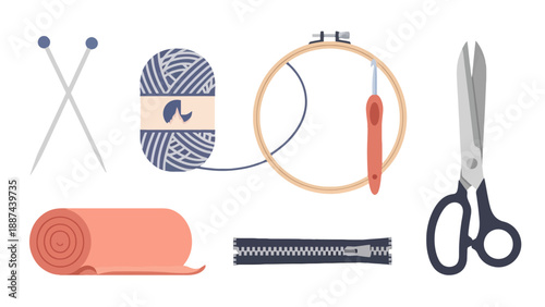 Colorful flat illustration of sewing and crafting tools crossed knitting needles striped yarn peach fabric scissors zipper embroidery hoop.