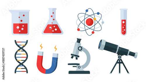 Vibrant Flat Design Science Icons Set Chemistry Physics Biology Symbols Instruments.