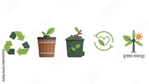 Green Energy and Recycling Icons Set with Textured 3Dlike Elements for Sustainability.
