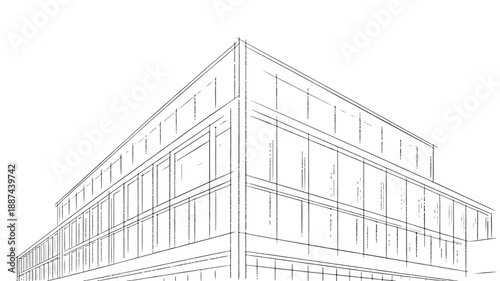 Modern office building in minimalist line art style with monochromatic grayscale and clean lines for architectural design