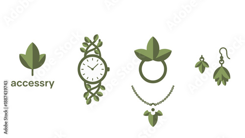 Stylized green leaf accessories watch ring necklace earrings and logo with organic natureinspired designs.