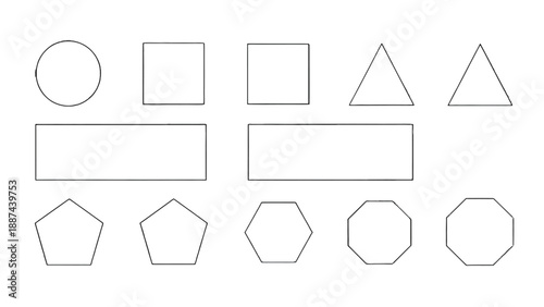 Assortment of fundamental twodimensional geometric shapes with thin black outlines on a clean white background.