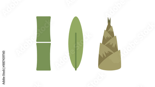 Flat design bamboo plant elements green stalk leaf and brown shoot illustration.