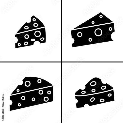 A set of four black cheese icons, displayed in various shapes and styles. Simple flat silhouette design. Stock vector.