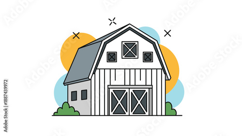 Charming white barn house with bushes and colorful circles for farm life, agriculture, and countryside living concepts.