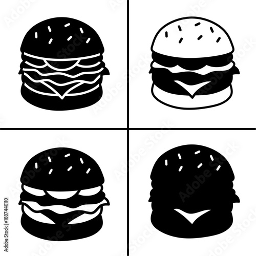 A set of four black burger icons, displayed in various shapes and styles. Simple flat silhouette design. Stock vector.