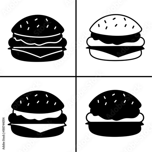 A set of four black burger icons, displayed in various shapes and styles. Simple flat silhouette design. Stock vector.
