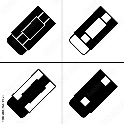 A set of four black eraser icons, displayed in various shapes and styles. Simple flat silhouette design. Stock vector.