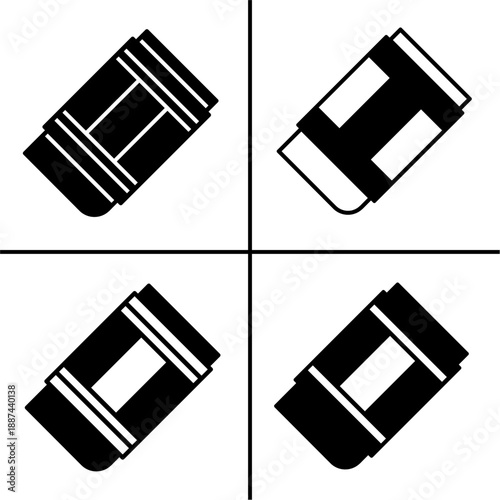 A set of four black eraser icons, displayed in various shapes and styles. Simple flat silhouette design. Stock vector.