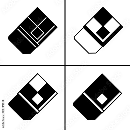 A set of four black eraser icons, displayed in various shapes and styles. Simple flat silhouette design. Stock vector.
