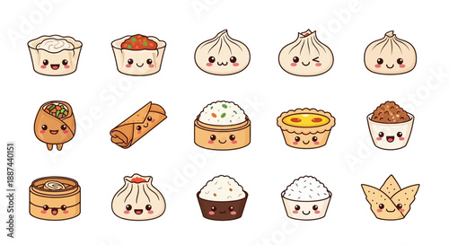 Cute Kawaii Dim Sum Vector Icon Collection, Asian Food Character Illustration Set, Dumpling and Snack Icons