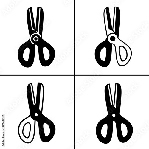 A set of four black scissors icons, displayed in various shapes and styles. Simple flat silhouette design. Stock vector.