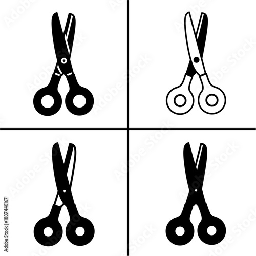 A set of four black scissors icons, displayed in various shapes and styles. Simple flat silhouette design. Stock vector.