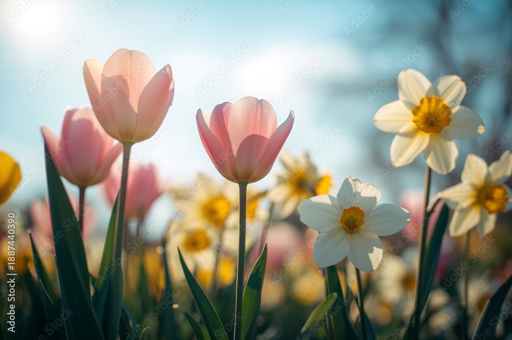 Obraz premium Fresh Spring Flowers in a Meadow with Bright Sunlight and Soft Bokeh Background