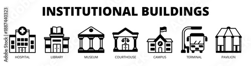 Institutional Buildings web banner icon vector illustration concept with icons of hospital, library, museum, courthouse, campus, terminal, and pavilion.