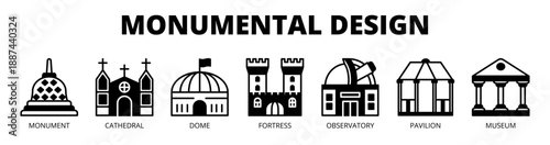 Monumental Design web banner icon vector illustration concept with icons of monument, cathedral, dome, fortress, observatory, pavilion, and museum.