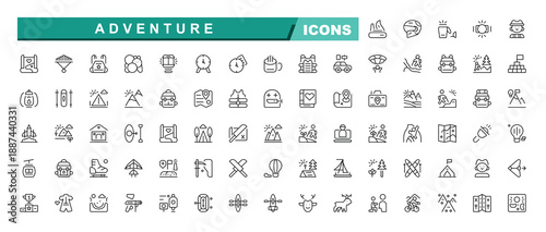 Adventure Icons vector illustration with thin line editable stroke  Adventure icon set. Journey line icon set. Contains such icons as exploration, climb, climbing, camp and more.