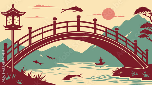 ZEN TRANQUILITY: Traditional Japanese Arched Bridge over River with Koi Fish and Mountains in Flat Vector Style