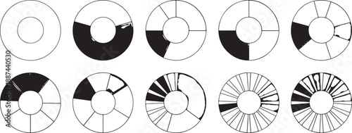 Black and white pie charts with various sections graphs