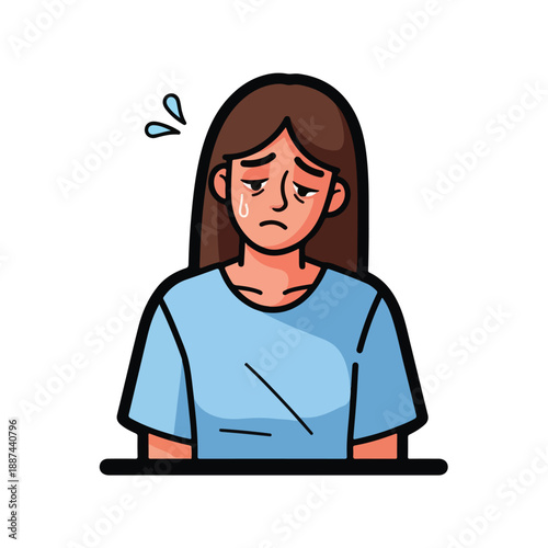 A cartoon woman with long brown hair and a blue shirt looks sad and stressed