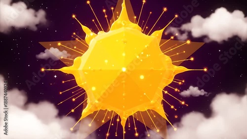 Glowing Geometric Star Shape Pulsating with Vibrant Light in a Dreamy Night Sky Scene